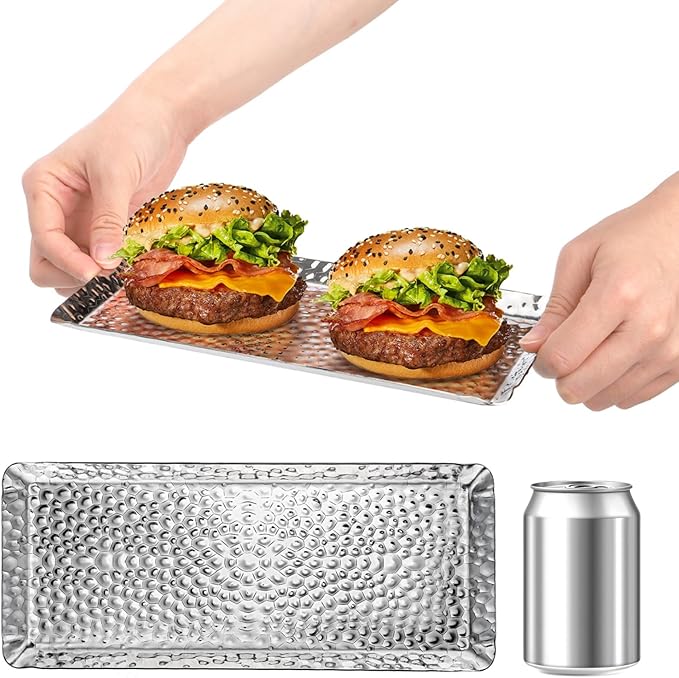 4 Pieces Hammered Silver Tray, Small Stainless Steel Appetizer Platter, 9.8 Inch Decorative Jewelry Dish Vanity Organizer for BBQ, Towel, Candle, Perfume, Cosmetic
