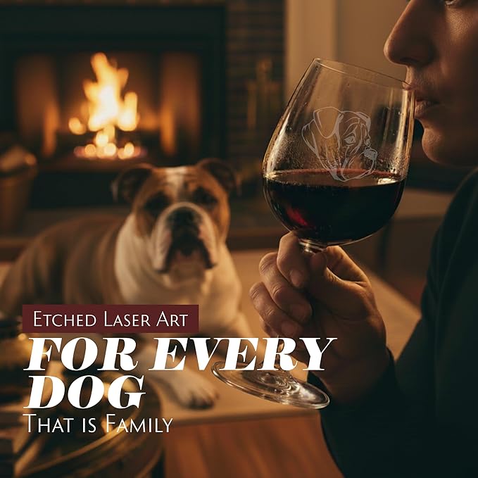 Etched Laser Art Personalized Dog Themed Etched Wine Glass - Custom Dog Breed Wine Glasses, Ideal for Pet Lovers, Unique & Personalized Birthday Gift for Men & Women - Olde English Bulldogge, 12.75 oz