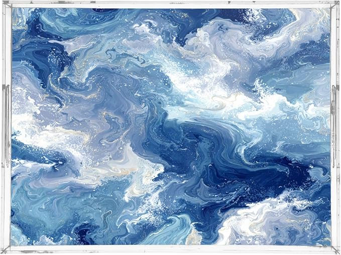 Serving Tray with Handles Clear Acrylic Tray 12x16 Inch Decorative Rectangular Tray Organizer for Ottoman Coffee Table Bathroom Blue Swirling Fluid