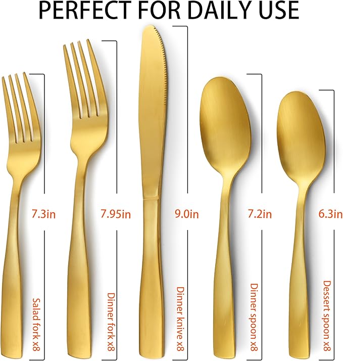 40-Piece Matte Gold Silverware Set for 8, 18/0 Brushed Finish Stainless Steel Utensils Set, Dishwasher Safe Modern Flatware Set for Daily Home Restaurant Party Event Serving For 8