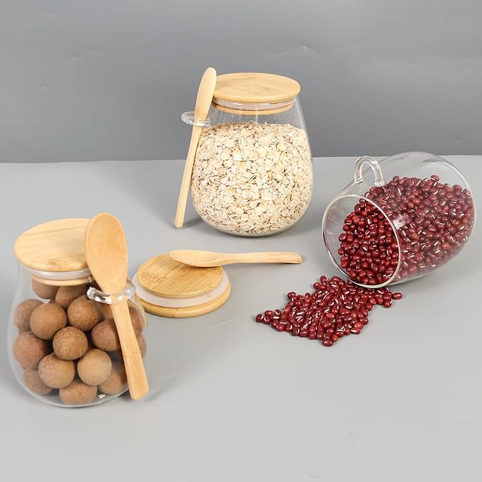 Glass Storage jars with Bamboo Lids and Spoon -16 oz Airtight Storage Containers Glass jar,Wide Mouth,Leak-Proof,Comes Suitable for Coffee Beans, Tea Leaves,Grains, Dried Fruits (Small4PCS)
