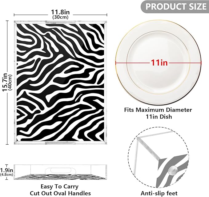 Serving Tray with Handles Clear Acrylic Tray 12x16 Inch Decorative Rectangular Tray Organizer for Ottoman Coffee Table Bathroom White Black Zebra Print