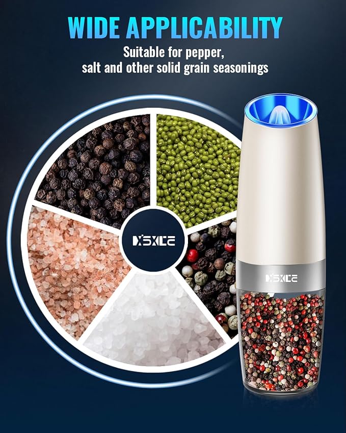 XinXu Gravity Electric Pepper and Salt Grinder Set, Adjustable Coarseness, with LED Light, One Hand Automatic Operation (Set/Khaki X)