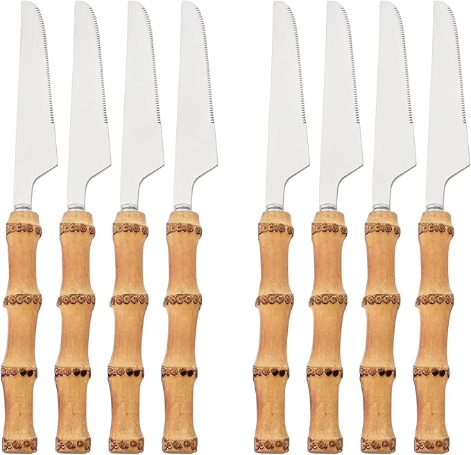 Natural Bamboo 8pcs Dinner Knife, Food Grade Stainless Steel Mirror Polished Sharp Silverware Table Knives Resuable Steak knife, 8.86-inch, Silver