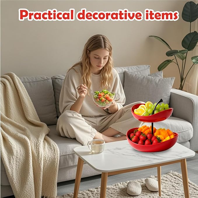 2 Tier Ceramic Fruit Bowl,Red Fruit Plate,Dessert Bowl,7 inch Color contrasting Snack Platefor Living Room Coffee Table Snack Plate Pastry Plate Beauty Salon Fruit Plate Christmas Party