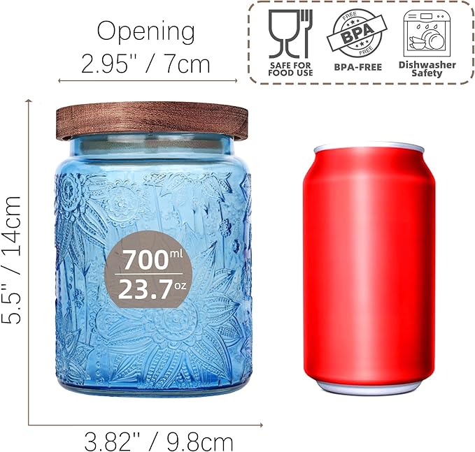 Glass Storage Jars With Airtight Lid, 23.7oz Canister For Kitchen Counter with Wooden Lid, brown sugar, candy, coffee, cookie, salt, tea,pantry cute Jar (2-Pack Blue, 23.7 floz)