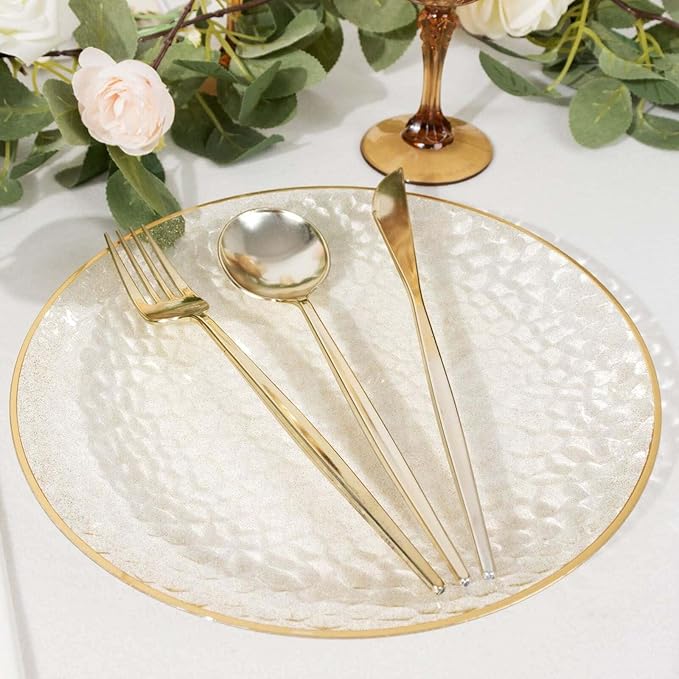 Efavormart 10 Pack Gold Glitter Clear Hammered Plastic Dinner Plates, Round Disposable Party Plates With Gold Rim - 9"