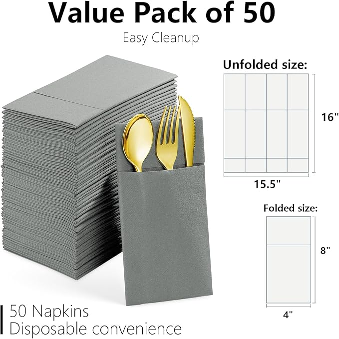 Dove Grey Linen Feel Napkins with Flatware Pocket, 50 Pack Cloth Like Pre-Folded Napkins for Silverware, Guest Hand Towel for Dinner Party Wedding Decoration (16. x 15.5 inch)