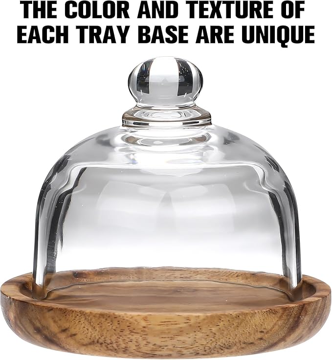 Amosfun Glass Dessert Dome Wooden Base Set - Mini Cake Stand Cake Serving Tray with 3 Inch Glass Dome Cover Birthday Wedding Party Dessert Serving Platter