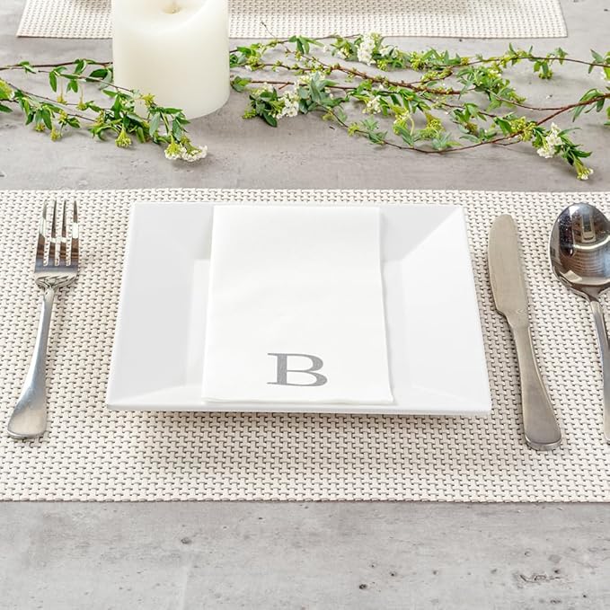 Luxenap 15.8 X 7.9 Inch Linen-Feel Guest Towels, 50 Lettered Hand Towels - Silver Letter 'B', Sans Serif Font, White Paper Dinner Napkins, airlaid, For Restrooms And Tables - Restaurantware