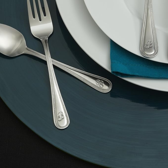 RiverRidge Monogrammed Beaded Flatware Set - P - 46-Piece Silverware with Custom Letter Stamp, 18/0 Stainless Steel Utensils Set for Daily Use & Special Occasions - Dishwasher Safe, Versatile Design