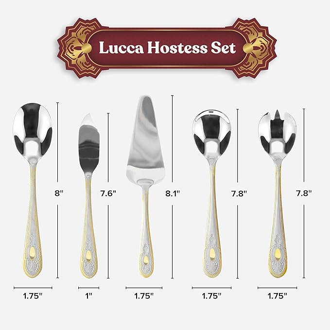 40 Piece Flatware Set - Includes 5 Piece Hostess Set - Vintage Design Handle with Gold Detailing - 18/10 Stainless (45 Piece, Lucca)