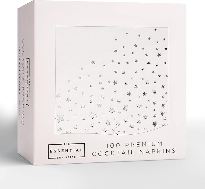 The Essential Concierge 100 White 3-Ply 5x5 Inch Silver Star Cocktail Napkins