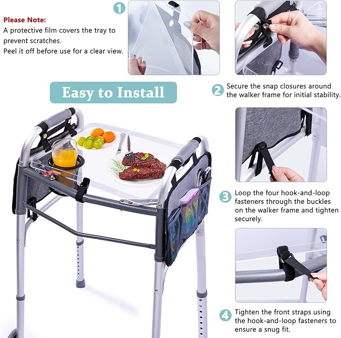 BAGSFY Clear View Walker Tray with Cup Holder & Side Pockets, Transparent Folding Walker Table for Seniors, 8.8lbs Load-Bearing Sturdy PP Tray, Universal Fit Walker Accessory for Elderly