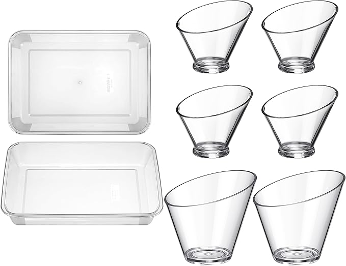 Rtteri 8 Pcs Acrylic Angled Salad Bowls and Serving Trays Set Includes 6 Pcs Large Plastic Clear Serving Bowls and 2 Pcs Rectangle Serving Platters for Party Snack Weddings