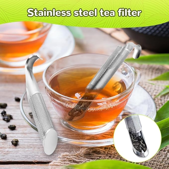 Stainless Steel Tea Diffuser, 2026 Upgrade Tea Pipe Tea Infuser Mesh Strainer with Hanging Hook Handle, Long Handle Tea Steeper Diffuser for Leaf Tea, Coffee, Spices, Seasonings - with Brush (2pcs)