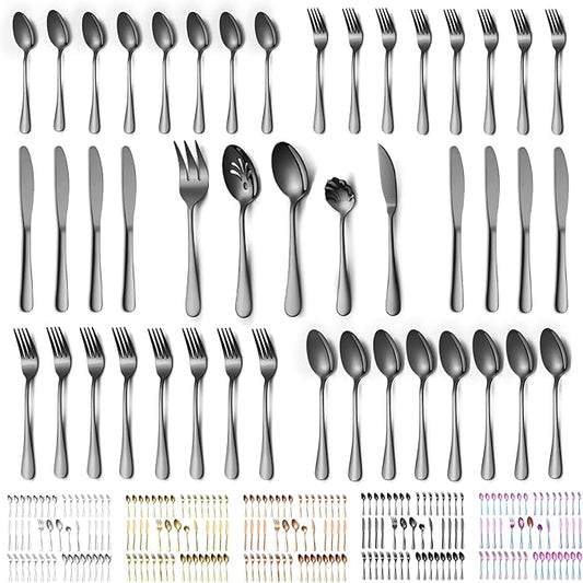 Kyraton Black Silverware Set 45 Pieces Service for 8, Titanium Black Plating Flatware Sets Cutlery Set, Spoons and Forks Silverware Dishwasher Safe, First Apartment Must Haves Utensils Set
