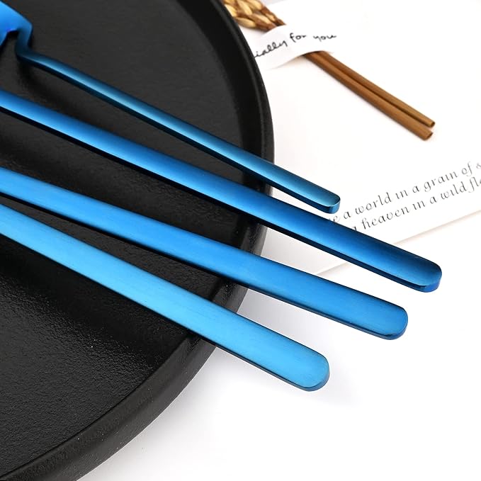 24-Pieces Hangable & Cute 18/10 Stainless Steel Flatware Set, Matte Cutlery Set Kitchen Dinnerware Include Knife/Fork/Spoon/Teaspoon Service for 6, Blue