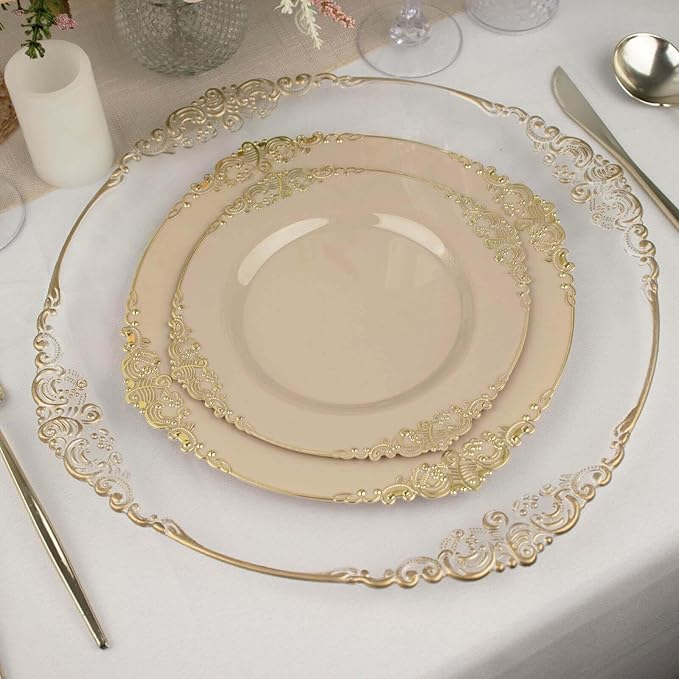 8" Salad Plates -Set of 30 - Plastic Taupe Round Baroque Disposable Chargers Leaf Embossed Rim, Ideal for Dinner Party Wedding Bulk Events