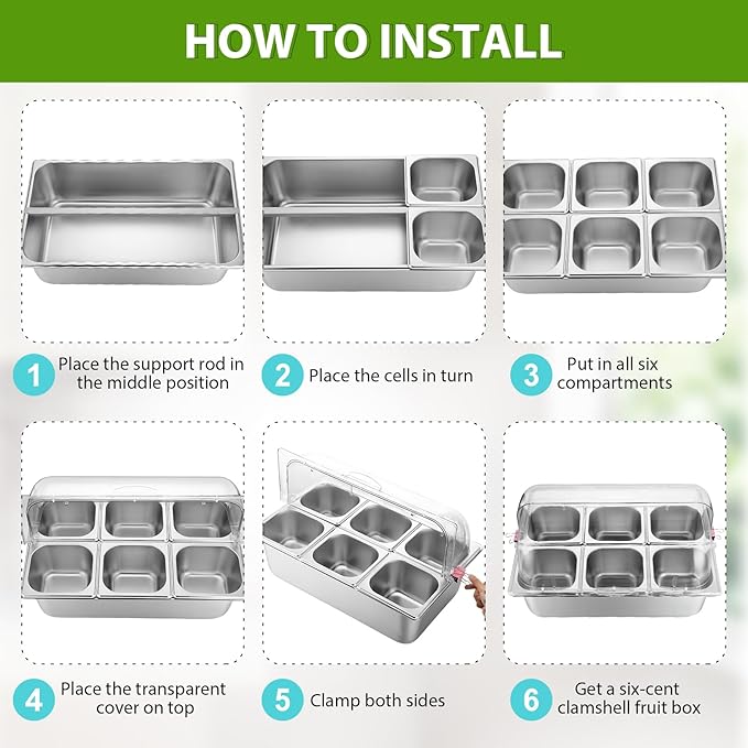 Countertop Food Serving Display Container Clear Roll Top Cover 6 Pan Stainless Steel Ice Food Buffet Server Salad Bar Pizza Topping Station Condiment Dispenser Restaurant Kitchen Party(Silver)