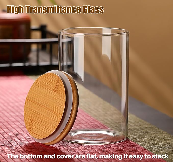 Small Size 33+17 oz Glass Food Storage Jars with Airtight Lids, Clear Glass Jar with Bamboo Lid, Airtight Food Canister for Tea, Candy, Coffee, Sugar, Cookie, Snack. (Round | 5+6 Inch)