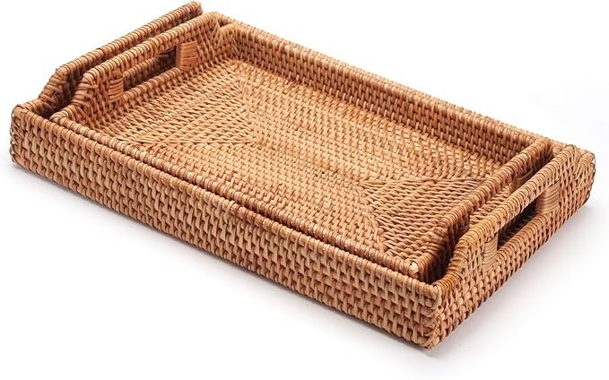 Rattan Serving Tray, Hand Woven Tray with Handles, Rectangular Wicker Basket Tray for Coffee Table Home Decor (14.5 x 10.2 x 1.4 inch)