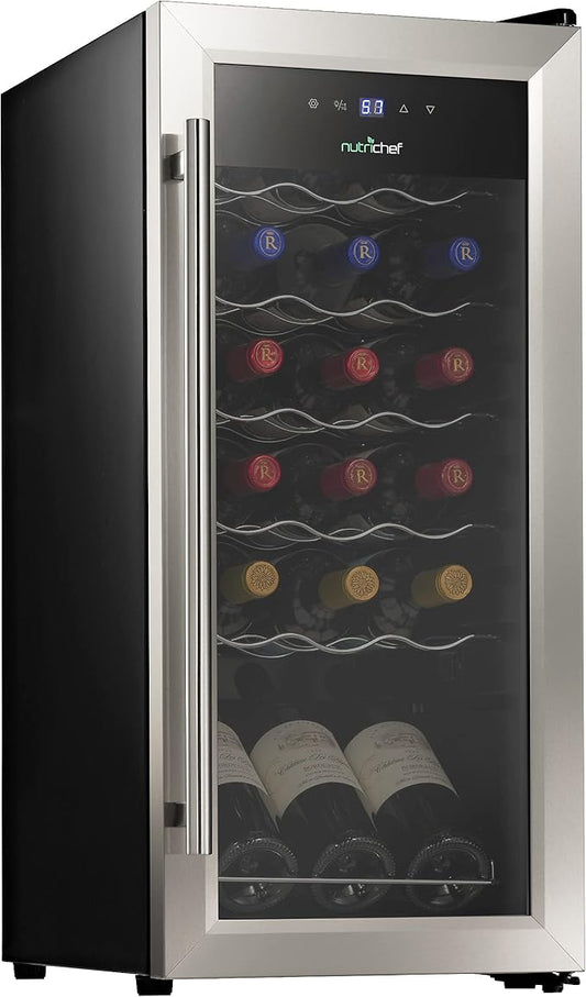 Nutrichef 18 Bottle Slim Wine Fridge | Red and White Wine Chiller | Adjustable Temperature Control 41°F to 64°F | Ultra Quiet Operation | Mini Wine Cooler for Home & Office | 30x13x17 IN