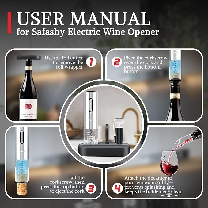 5 IN 1 Rechargeable Electric Wine Opener, Stainless Steel Automatic Bottle Corkscrew with Foil Cutter, Vacuum Stopper, Wine Pourer, One Touch Bottle Winer Gift Set for Christmas, Party