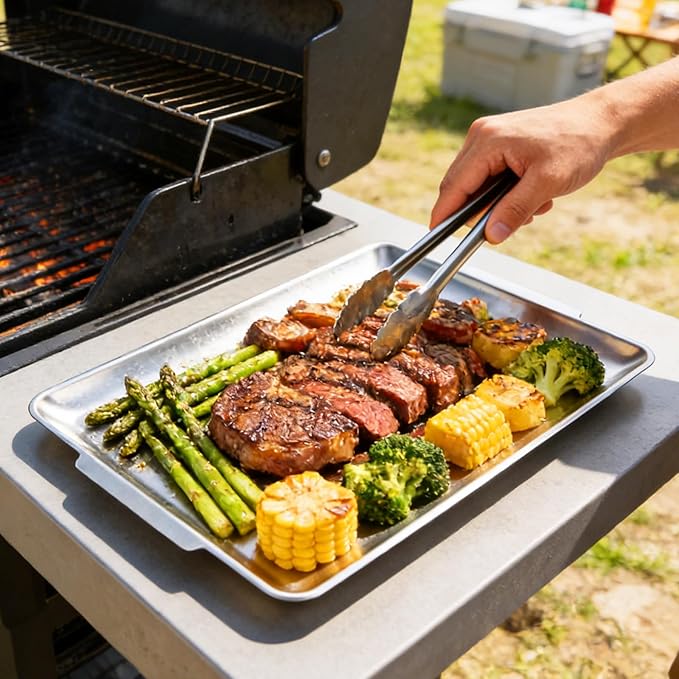 2 Pack 304 Stainless Steel Serving Platters 16x11 Inch Large Rectangular Stainless Steel Tray for BBQ Korean Meat, Professional Sizzle Platter for Home Party and Restaurant (Silver)