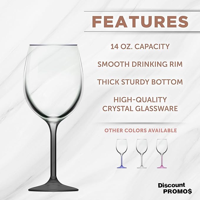 DISCOUNT PROMOS Wine Glasses 14 oz. Set of 6, Bulk Pack - Restaurant Glassware, Perfect for Red Wine, White Wine, Cocktails and More - Black