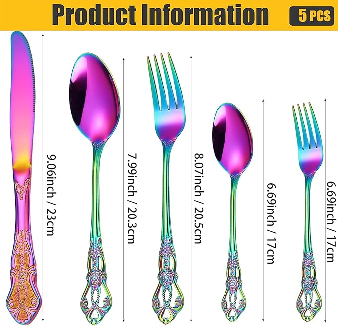 Vilihkc Gorgeous Retro Royal Stainless Steel 5 Pieces Flatware Set, Silverware Set, Anti-rust Stainless Steel Cutlery Set Utensils Including Fork Spoon and Knife