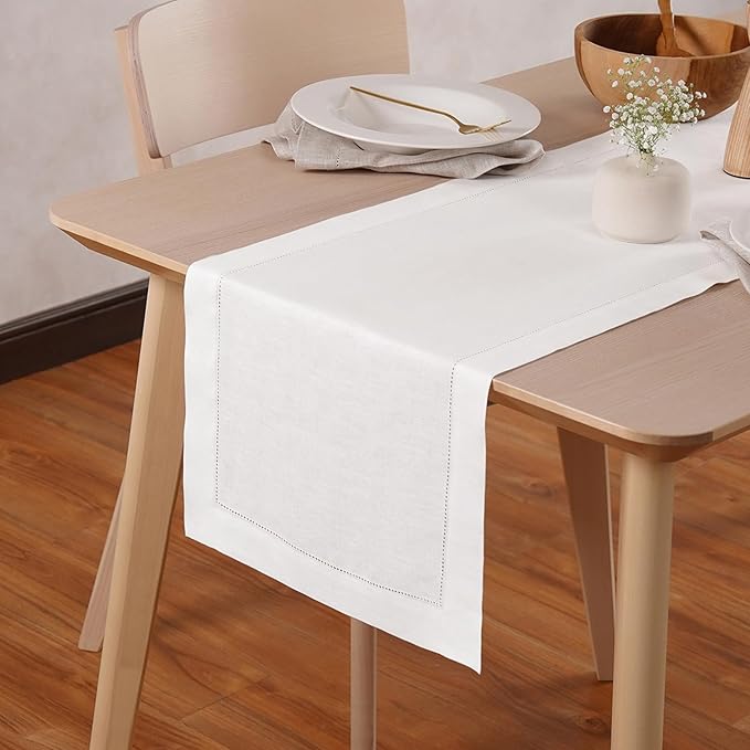 Home Ekaa 100% Pure Linen White Table Runner 14 x 120 Inch Long - Cloth Fabric Hemstitch Runner for Christmas, Fall, Winter, Holiday & New Year - Elara