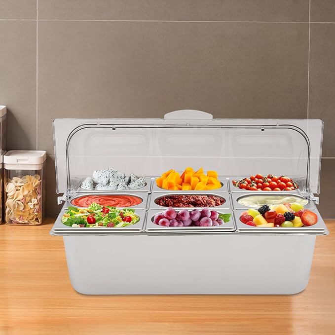 9 Pans Ice Food Serving Display Container w/Clear Roll Top Cover, Stainless Steel Serving Tray Catering Supplies Buffet Display Condiment Dispenser Plate Case for Restaurant Hotel Kitchen