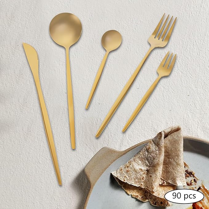 90 Piece Gold Silverware Set for 18, Gold Cutlery Utensils Set, Stainless Steel Flatware Include Knife Fork Spoon, for Kitchen Home Restaurant