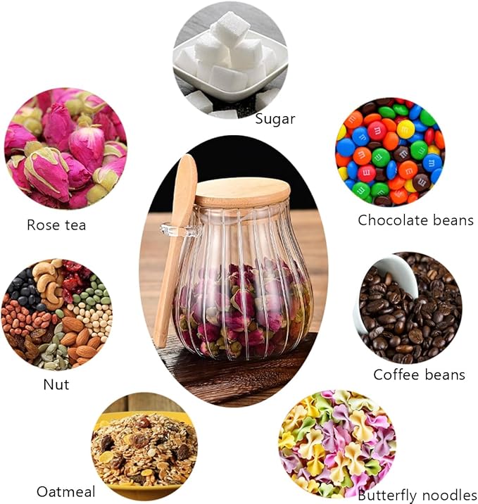 2Pcs Sugar Container with Bamboo Spoon Lid 15 oz Sugar Bowl Glass Coffee Canister Glass Jar Food Storage Jar Candy Jar Kitchen Coffee Bar Decor