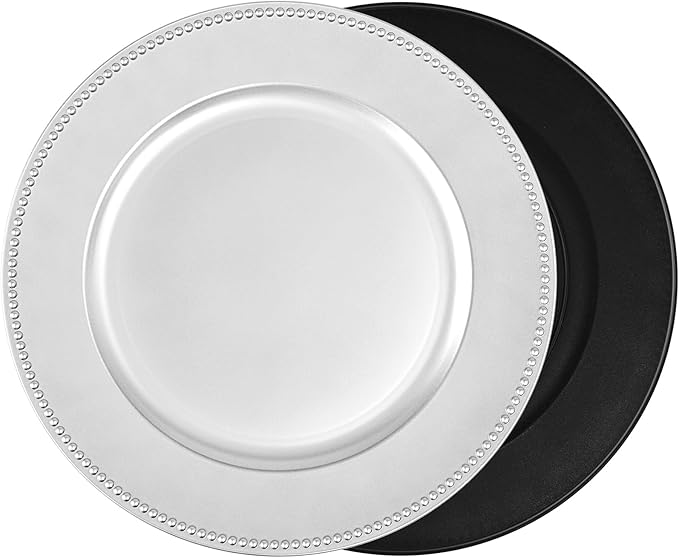 24 Pcs Silver Charger Plates Bulk,13" Round Beaded Plate Chargers for Dinner Plates, Decorative Dinner Charger Plastic Table Chargers for Wedding Holiday Party Baby Shower Event Decoration (Silver)