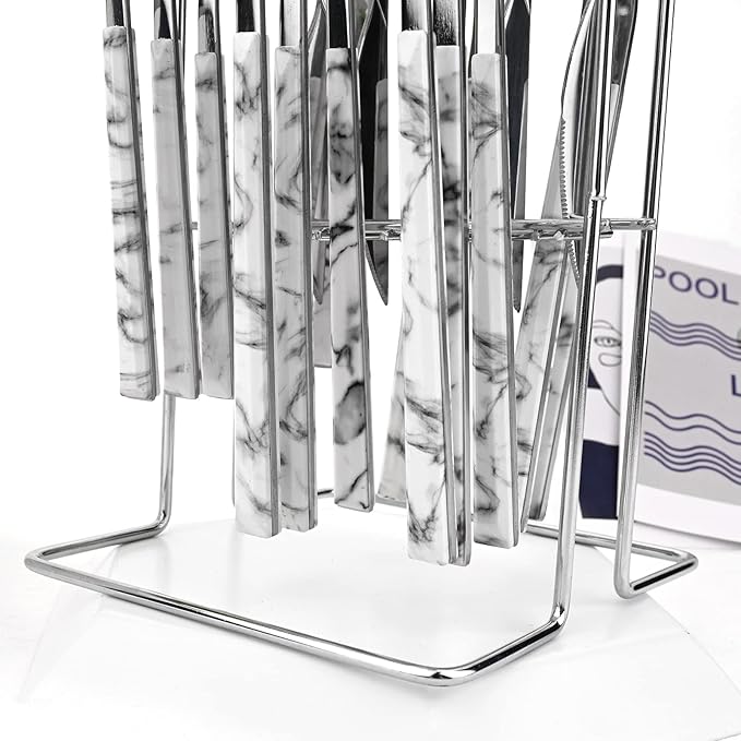 Silverware Set, 24 Piece Mirror Flatware Set With Stand, Stainless Steel Utensils With White Marble Texture Handle, A Complete Cutlery Set For Most Families, Service For 6