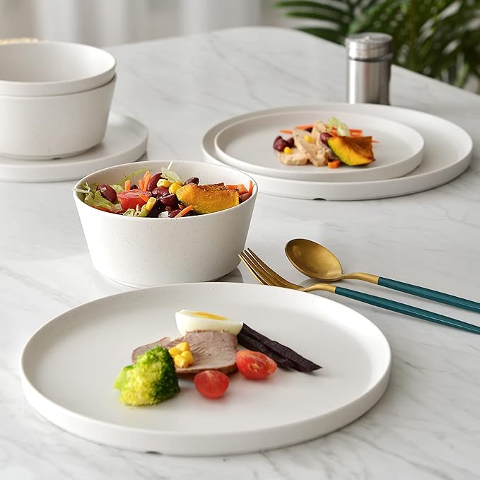 FINE&NICE 12PCS Melamine Dinnerware Sets, Outdoor Dinnerware Sets for 4,Durable Camper Dinerware,Lightweight, Dishwasher Safe and BPA Free(Spotty White)