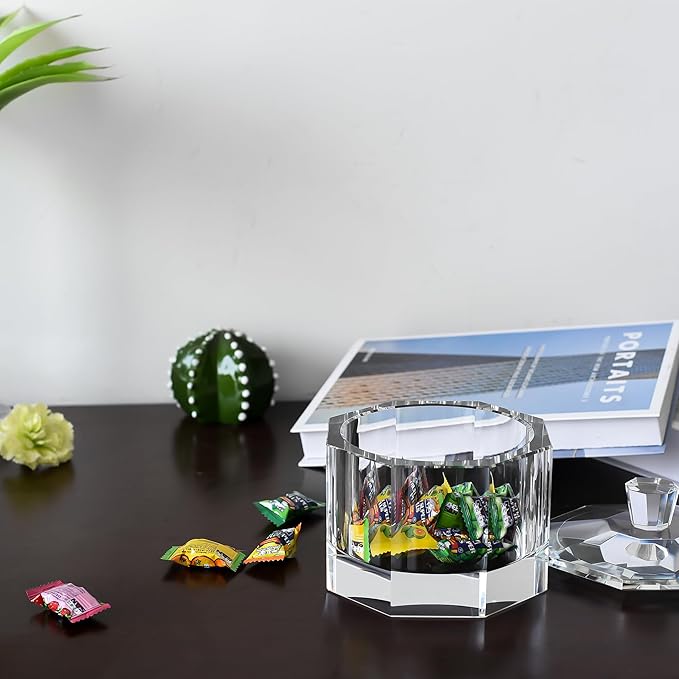 Crystal Candy Dish with Lid Hand-Cut Home Decorative Jewelry Box/Jar W 5" x H 5" with Multi-faceted, Comes With Gift Box