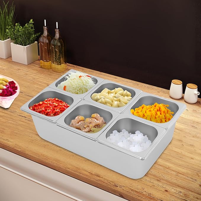 6 Compartment Fruit Pan, Stainless Steel 6 Pan Condiment Serving Container with Acrylic Lids for Fruits Spices Condiments Snacks Sauces