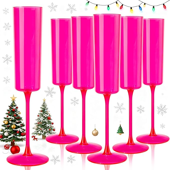 Ciaell 24 Pack Plastic Champagne Flutes - Hot Pink 6 Oz Disposable Champagne Glasses - Square Plastic Toasting Glasses for Party Birthday Anniversary Wedding