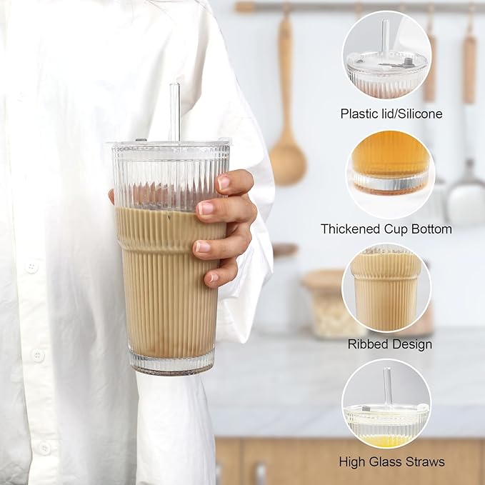 CHPINDAM Ribbed Drinking Glasses,with Lids and Straws Glass Cup,19oz Glass cup,4 Pack Old Fashioned Glasses,Thickened for iced coffees,cocktails and juices, perfect for families and parties (4)