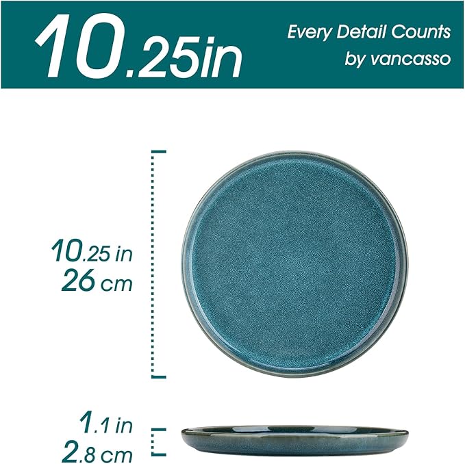 vancasso VAGE Dinner Plates Set of 6, 10.25 Inch Ceramic Plates, Microwave, Oven and Dishwasher Safe Plates, Blue