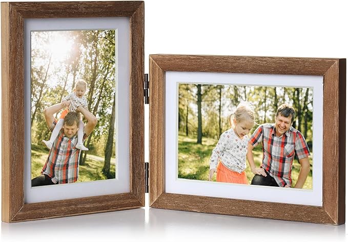 5X7 Double Wooden Hinged Picture Frame Vertical and Horizontal in Distressed Farmhouse Wood Grain, Display 4x6 with Mat or 5x7 without Mat, Folding Photo Frame with Real Glass Front for