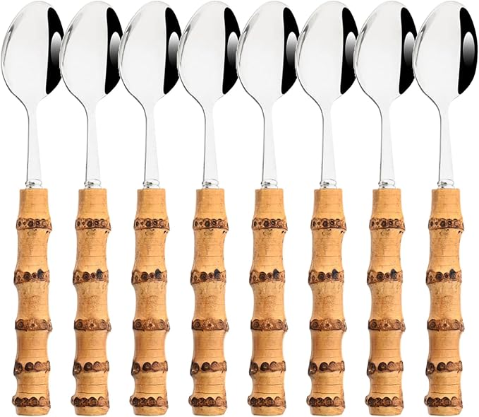 Vintage Silver 8pcs Dinner Spoon, Bamboo Handle Silverware Spoon Set, Wedding Cutlery Set For Home Kitchen Restaurant, Mirror Finish, 8.07-inch