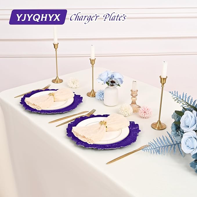 24 Pack Purple Charger Plates Bulk, 13" Plastic Reef Chargers for Dinner Plates, Round Charger Plate with Floral Reef Design for Dinner Wedding Party Table Setting Decoration