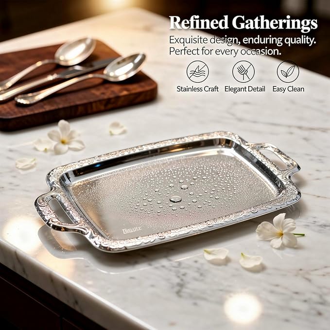 16.1 In Silver Serving Tray, European Style Stainless Steel With Handles, Metal Ottoman Decorative Food Tray For Coffee Tables And Parties