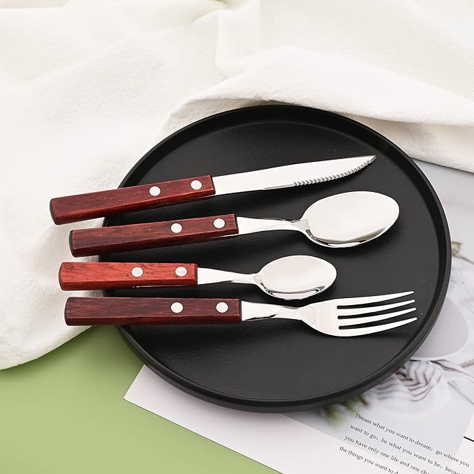 8 PCS Dinner Spoon Set, 304 Stainless Steel Table Spoons with Red Wooden Square Handles, 7.9" Long