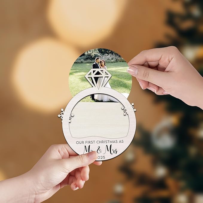 Personalized First Christmas Mr and Mrs Ornament Gifts - Wedding Gifts 2025 - Bridal Shower Bride Gift Ideas for Her, Married Couple, Newlywed - Picture Frame Wood Hanging Ornament 2025