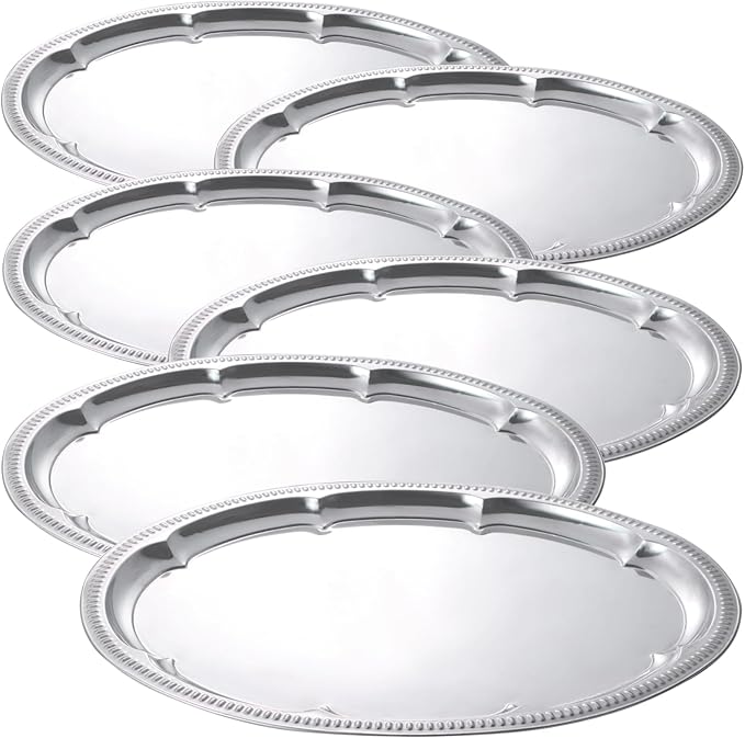 6 Pcs Large Silver Serving Tray Set, Stainless Steel Oval Floral Engraved, 15.7X11.8 in, Polished for Parties & Events